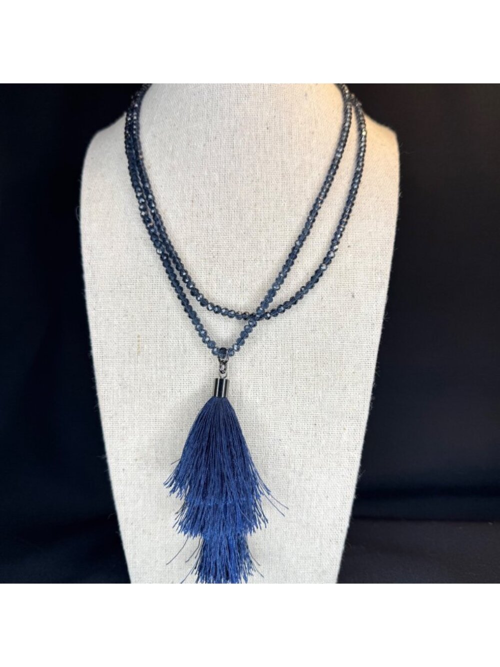 Sapphire Blue Glass Faceted Beads Fringe Tassel Size 36" Length